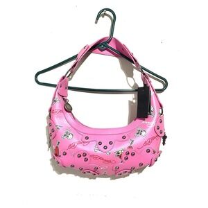 Ed Hardy Pink Hobo Shoulder Bag Studded Heart Rose Skull Cross Charms NEW